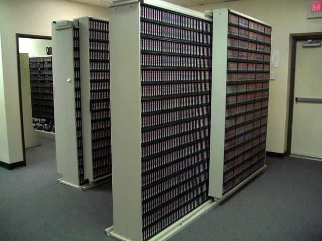 Cartridge tape racks. Back left is the tape vault. 