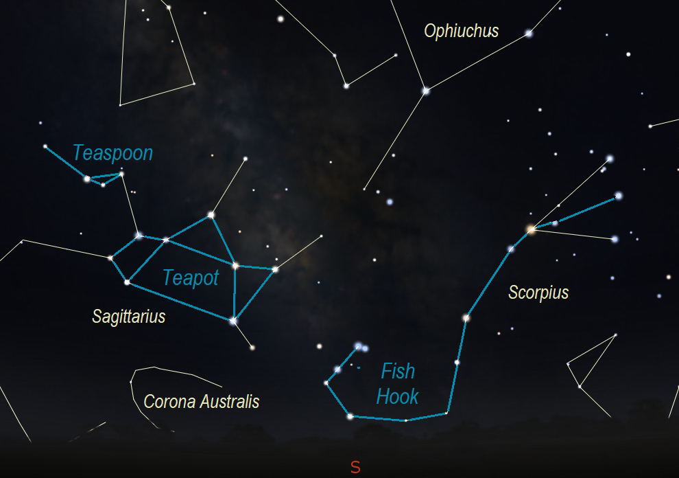 The Teapot, Teaspoon, and Fish Hook Asterisms. Stellarium.